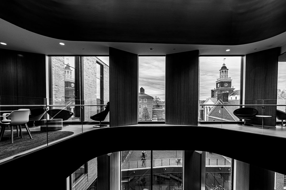 A black and white image of a floor of Rockwell Integrated Sciences Center