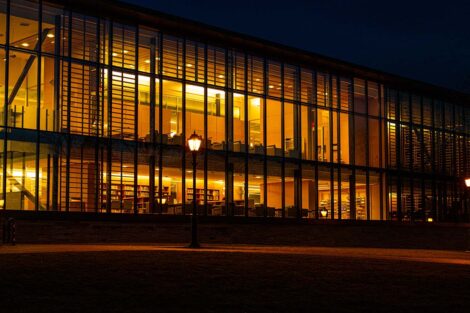 Skillman library at dawn with interior lights on