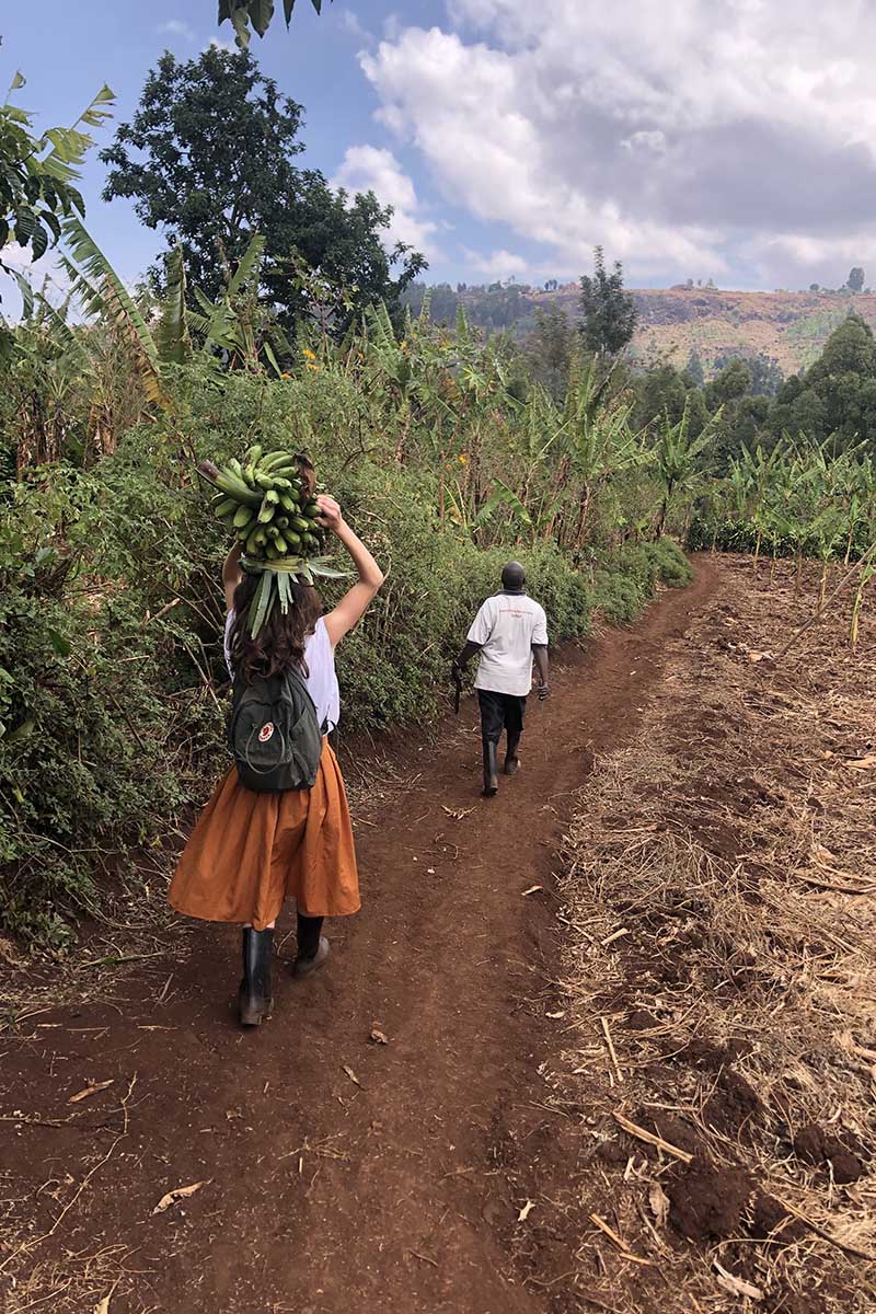 Victoria Puglia ’21, facing away from the camera, carries bananas above her head; she is following a person on a dirt path, with greenery and blue skies surrounding her.