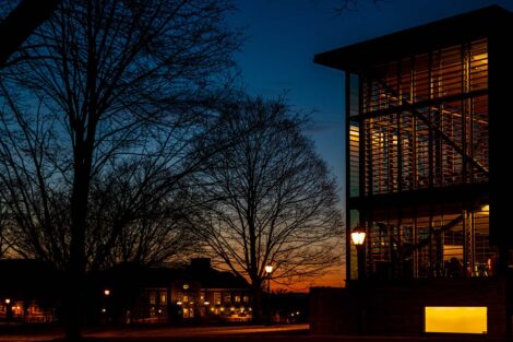 dawn on campus with Skillman library and the Quad