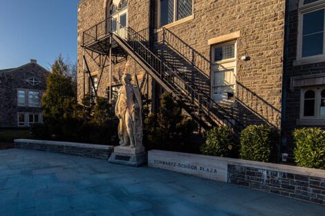 The statue of Marquis de Lafayette in Schwartz-Schoor Plaza, behind Hogg Hall.