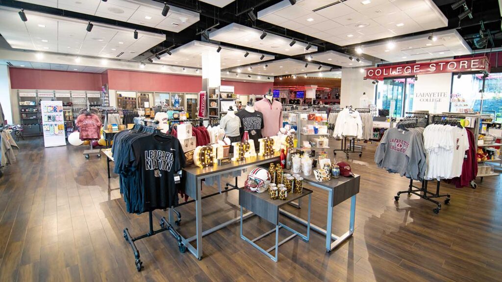 branded clothing on display in new brightly lit Lafayette College store