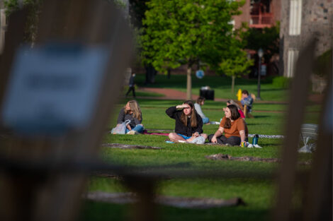 Students watch Jerry Greenfield speak on the Quad.