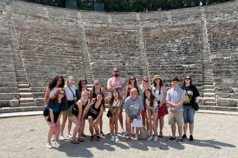 Study Abroad Greece Program 2021 Students Pose at Greek Theater