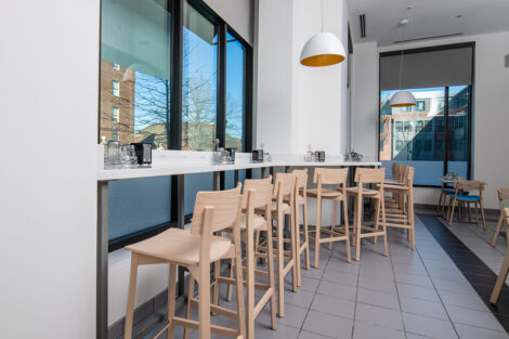 interior of Trolley Stop diner, tall chairs at window
