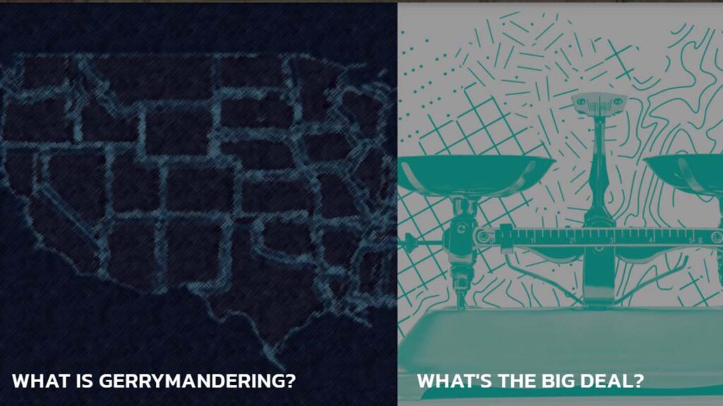 Map of US alongside scales of justice
