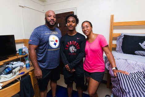 Lafayette student with parents inside dorm