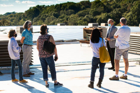 A group of families and Lafayette guides on top of Kirby Sports Center.