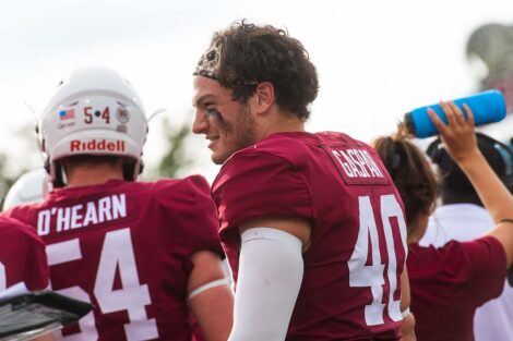 Football players chat.