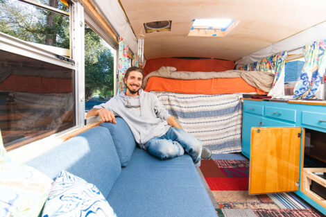 Remy Oktay '23 inside of converted bus.