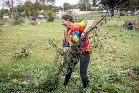 A staff volunteer clears branches from a field.