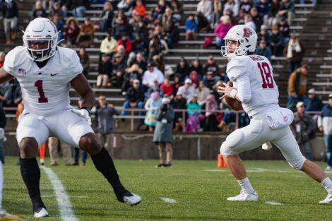 Aaron Angelos looks to throw the football on the field