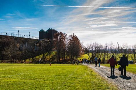 people walk toward Lehigh's Goodman Stadium