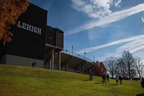 people walk toward Lehigh's Goodman Stadium