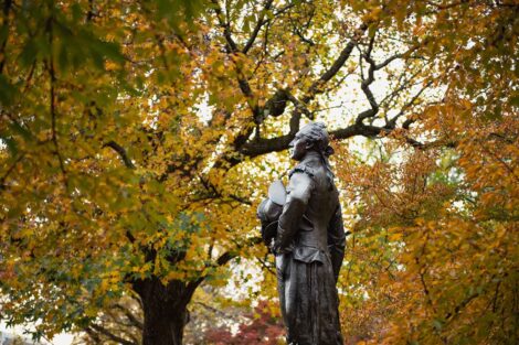 Marquis de Lafayette statue is surrounded by golden foliage
