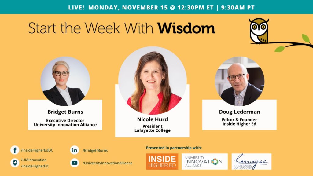 Poster with event details for Weekly Wisdom online discussion with Lafayette College President Nicole Hurd