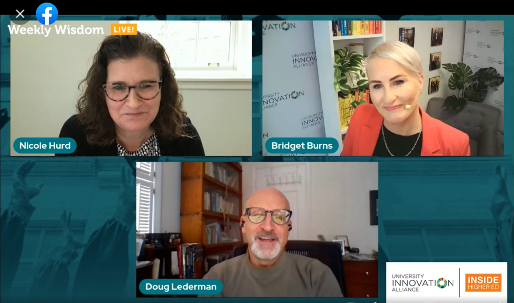 Screen Shot of Weekly Wisdom Episode with Lafayette President Nicole Hurd, Bridget Burns, and Doug Lederman