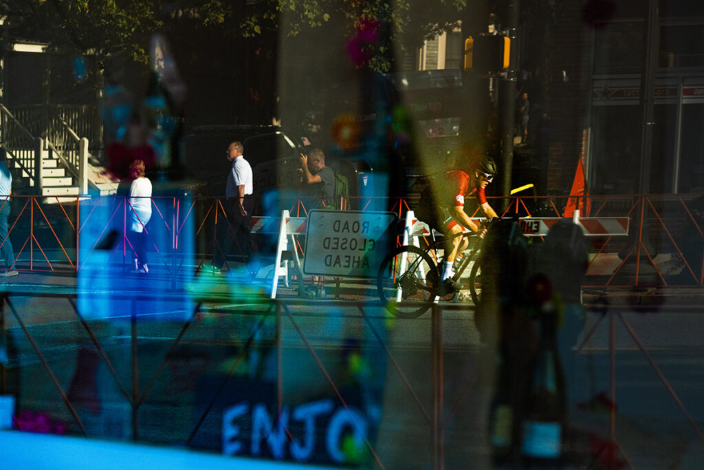 Bicyclists ride in downtown Easton.