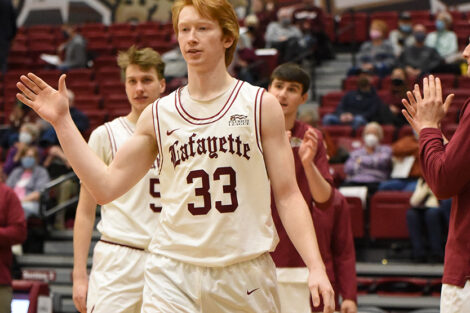 Junior Leo O'Boyle wears the Lafayette men's basketball throwback uniform