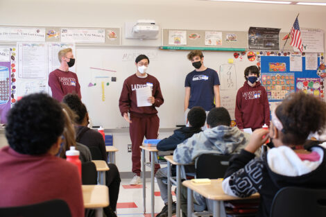 Zoe Boekelheide's FYS class covers gravity & center of mass with Cheston Elementary students as part of Connected Classrooms, Dec. 2021