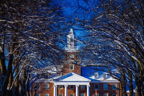 Watson Hall surrounded by snow.