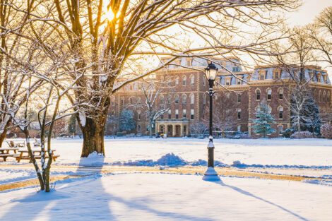 Pardee Hall surrounded by snow.