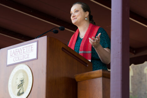 Chaplin Alex Hendrickson speaks at podium