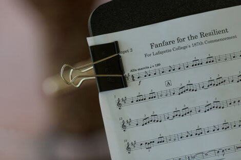 sheet music is clipped to a music stand