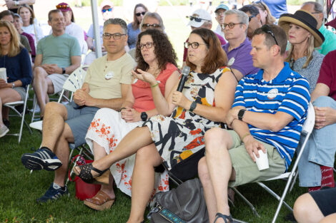 A crowd listens as President Nicole Farmer Hurd speaks.