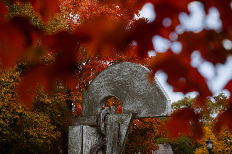 A tree with bright red leaves frames a statue