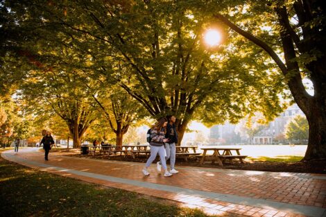 Two students walk along a brick path surrounded by trees with colorful leaves.